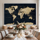 Dark World Map Canvas Wall Art Print, Minimal Black and Gold