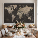 World Map Canvas Wall Art Dark Charcoal Antique Tan Detailed