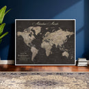 Custom World Map with Pins Canvas Wall Art Dark Charcoal