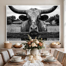 Black White Texas Longhorn Bull Canvas Wall Art, Western Ranch Cattle Photography Print, Rustic Farmhouse Cowboy Decor Artwork