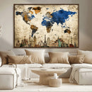 World Map Canvas Print – Vintage Blue and Gold World Map