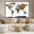 Modern Abstract World Map Canvas Wall Art – Framed Blue and