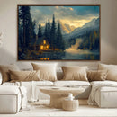 Mountain Cabin by the Lake at Sunset Wall Art - Serene