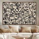 Abstract Love and Chaos Canvas Print, Black Symbols on Beige