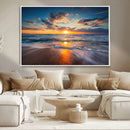 Sunset on the Ocean Beach with Waves, Reflections on Sand,