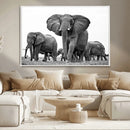 Black White Elephant Family Wall Art Canvas Print