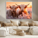 Highland Cows at Sunrise Wall Art Canvas Set – Serene and