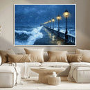 Stormy Ocean Pier Lights Canvas Wall Art Print - Large Moody
