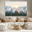 Misty Pine Forest Wall Art Canvas, Sunrise Over Foggy Trees