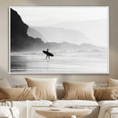 Surfer Beach Wall Art – Framed Black White Ocean Canvas