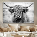 Black White Highland Cow Wall Art Canvas Print