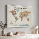 Custom Framed World Map Canvas Print – Personalized Push Pin