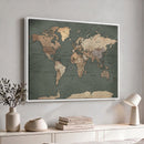 Rustic Black and Wood World Map Canvas Wall Art – Framed