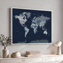 Blue Detailed World Map Wall Art Canvas Print, Modern Framed