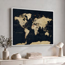Dark World Map Canvas Wall Art Print, Minimal Black and Gold