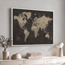 World Map Canvas Wall Art Dark Charcoal Antique Tan Detailed