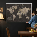 Custom World Map with Pins Canvas Wall Art Dark Charcoal