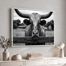 Black White Texas Longhorn Bull Canvas Wall Art, Western Ranch Cattle Photography Print, Rustic Farmhouse Cowboy Decor Artwork