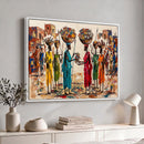 African Folk Art Canvas Wall Art, Colorful African Women Village Painting Print, Tribal Ethnic Home Decor, Vibrant African Art, Living Room