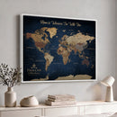 Framed Custom World Map Canvas Print - Deep Blue World Map