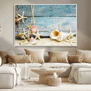 Seashells on Rustic Wooden Background, Seashells Wall Art