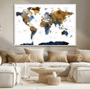 Modern Abstract World Map Canvas Wall Art – Framed Blue and