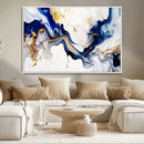 Golden Cascades on Midnight Blue – Deep Blue Abstract Wall