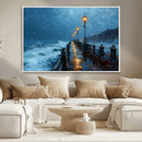 Stormy Night at Beach Pier Oil Painting Large Wall Art