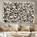Abstract Love and Chaos Canvas Print, Black Symbols on Beige