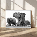 Black White Elephant Family Wall Art Canvas Print