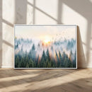 Misty Pine Forest Wall Art Canvas, Sunrise Over Foggy Trees