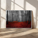 Red Forest Floor Canvas Wall Art – Mystical Foggy Woodland
