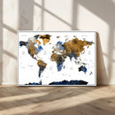 Modern Abstract World Map Canvas Wall Art – Framed Blue and