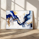 Golden Cascades on Midnight Blue – Deep Blue Abstract Wall