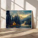 Mountain Cabin by the Lake at Sunset Wall Art - Serene