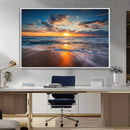 Sunset on the Ocean Beach with Waves, Reflections on Sand,