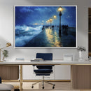 Storm Ocean Pier Canvas Wall Art Print - Large Moody Night