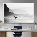 Surfer Beach Wall Art – Framed Black White Ocean Canvas