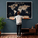 Personalized Blue World Map Canvas – Custom Framed Push Pin