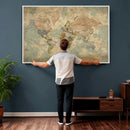 World Map Wall Art Canvas Print, Rustic Map Print, Framed