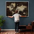 Blue World Map Canvas Wall Art – Framed Modern Travel Map