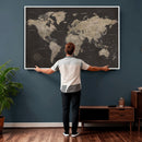 World Map Canvas Wall Art Dark Charcoal Antique Tan Detailed