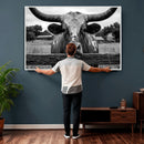 Black White Texas Longhorn Bull Canvas Wall Art, Western Ranch Cattle Photography Print, Rustic Farmhouse Cowboy Decor Artwork