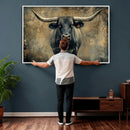 Texas Longhorn Bull Wall Art – Framed Rustic Cow Canvas