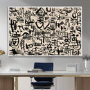 Abstract Love and Chaos Canvas Print, Black Symbols on Beige
