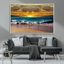 Ocean Sunrise Over Golden Beach Waves, Giclee Canvas Wall