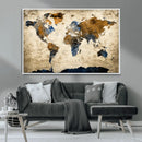 World Map Wall Art – Antique Style Blue and Brown Map Canvas