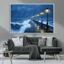 Stormy Ocean Pier Lights Canvas Wall Art Print - Large Moody
