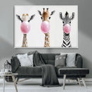 Bubblegum Animals Canvas Wall Art - Playful Giraffe and