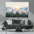 Misty Pine Forest Wall Art Canvas, Sunrise Over Foggy Trees